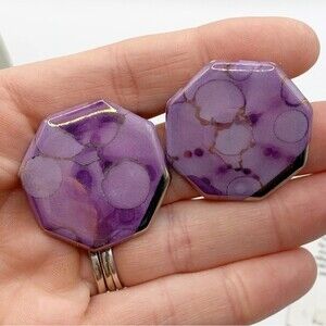 Vtg Button Earrings Mt. St. Helens Ash Purple Marbled Iridescent Large Geometric
